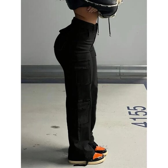 Women Cargo Jeans Cotton Large Utility Pocket Wide Leg Casual Streetwear - Picture 7 of 7